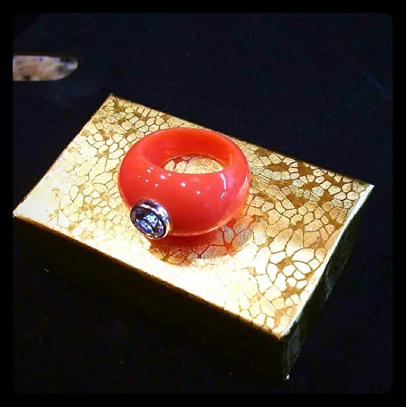 designer Jewelry - New Designer Orange Acrylic&Diamond CZ Ring. 7